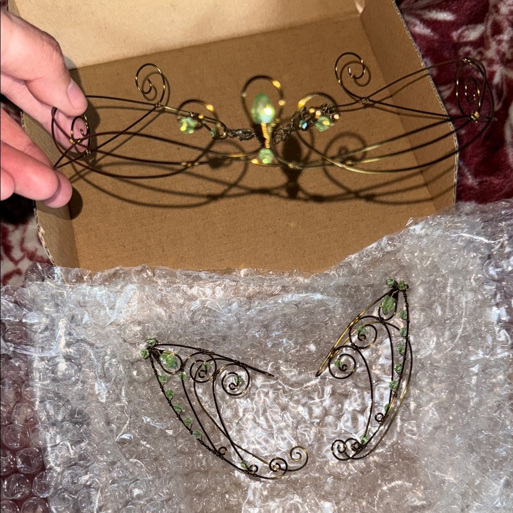 Handcrafted Fae Green Wire Vine Tiara and Ear Cuffs - Women’s Hair Accessories